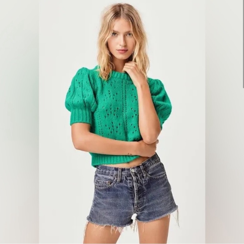 For Love And Lemons Emerald Green Scoop Neck Pointelle Puff Sleeve Sweater - Picture 2 of 9